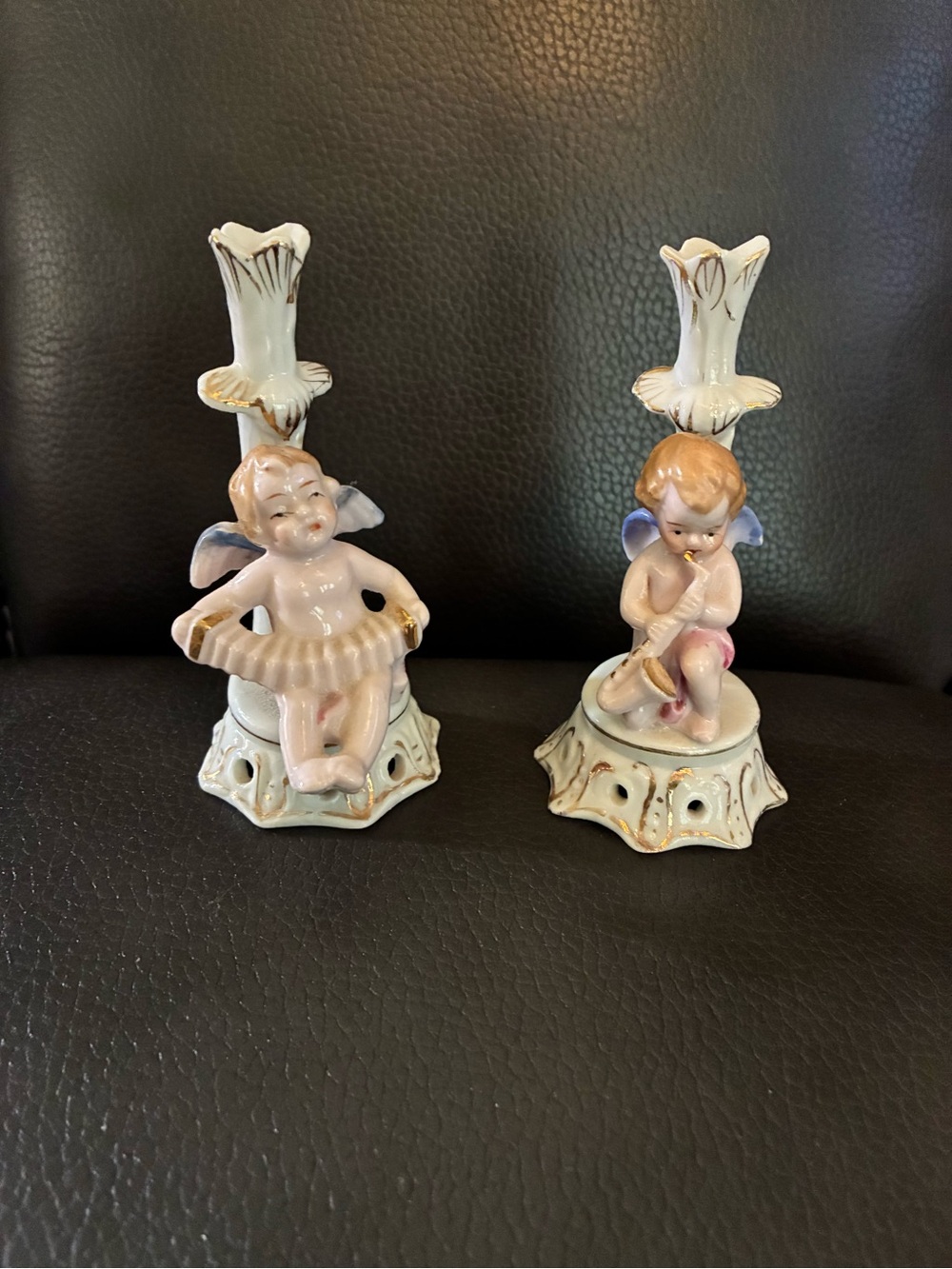 Pair of Porcelain Musical Cherub Angels Candle Holders/Bud Vases